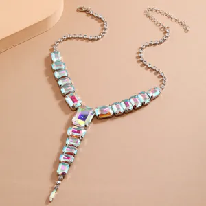 Detailed view of the European and American fashion exaggeration long glass crystal necklace.