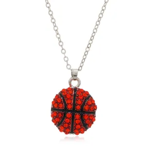 Zilverkleurige ketting met rode strass basketbal hanger voor dames, stijlvolle sport sieraden.
