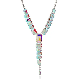 Detailed view of fashion iridescent crystal rhinestone Y necklace, sparkling gems.