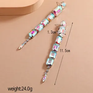 Long iridescent crystal rhinestone drop earrings, oversized geometric sparkling dangling jewelry.