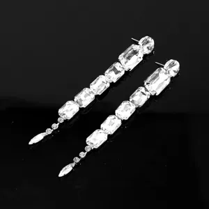 Long crystal drop earrings, sparkling faceted rhinestone geometric fashion jewelry for women.