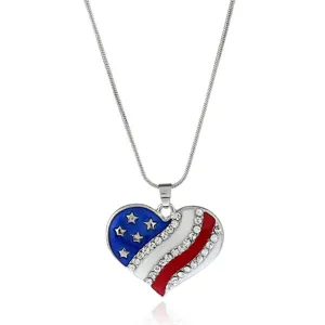 American flag heart pendant necklace with shimmering rhinestones and shiny enamel fashion jewelry.