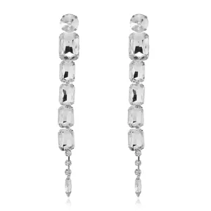Long crystal dangle earrings featuring multi-stone emerald-cut glass design for women.