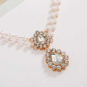 Elegant double layer rhinestone pearl forehead chain boho crystal headpiece for women.