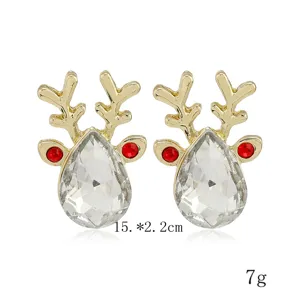 Pendientes de tuerca de alce con diamantes de imitación de Navidad, joyería dorada.