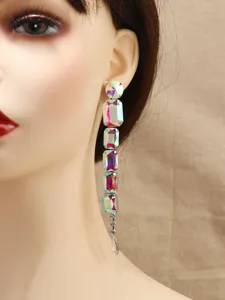 Long iridescent crystal drop earrings, statement multi-stone cascading design for women.
