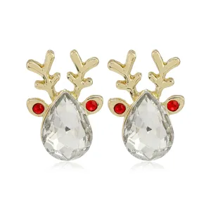 Pendientes de tuerca de reno de Navidad con cristal transparente y piedras rojas chapados