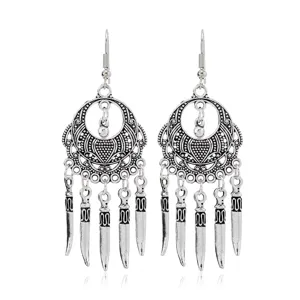 Vintage bohemian silver long dangle tassel earrings with tribal carved drop design