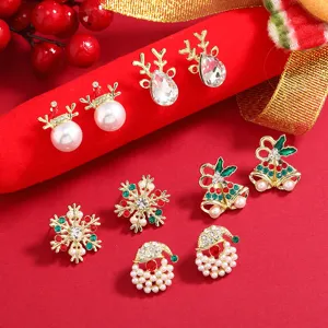 Pendientes de Botón de Navidad Aleación Strass Perla Artificial Santa Copo de Nieve Reno Campana Joyería de Fiesta Festiva Regalo para Mujer