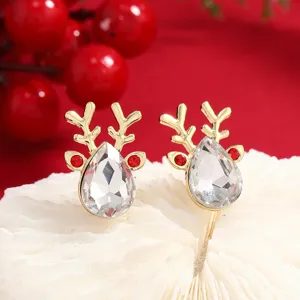 Pendientes de reno con estrás de cristal de Navidad tono dorado aretes festivos para mujer