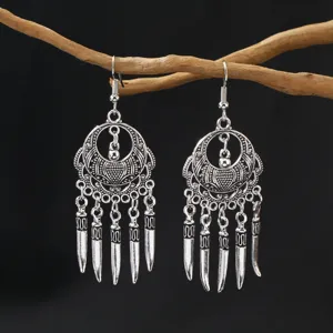 Vintage ethnic style long tassel earrings, bohemian Tibetan silver dangle earrings for women.