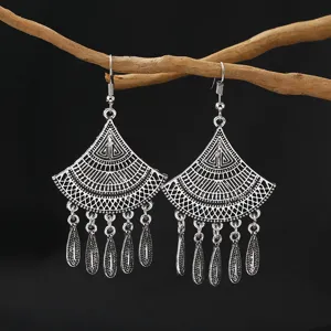 Vintage ethnic style Tibetan silver tassel earrings, bohemian hollow fan drop earrings.