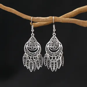 Vintage silver ethnic long tassel earrings bohemian style drop dangle earrings for women daily