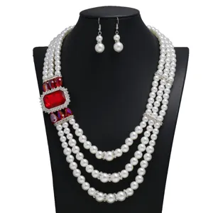 Bruid Huwelijk Meerlaagse Kunstperl Halsketting Set Elegante Legering Kristal Strass Statement Sieraden Voor Vrouwen