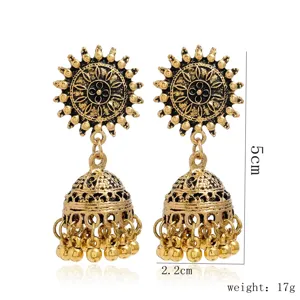 Boucles d'oreilles Jhumka indiennes vintage en alliage doré à gland sculpté style ethnique 5cm