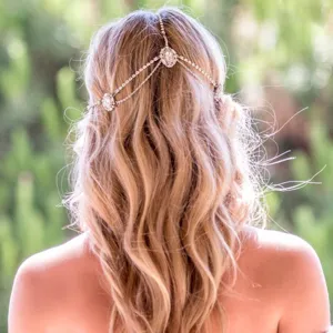 Detail shot of multi-layer rhinestone tassel hair chain, elegant headpiece accessory.