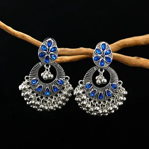Detailed view of bohemian ethnic vintage silver blue crystal tassel earrings for women