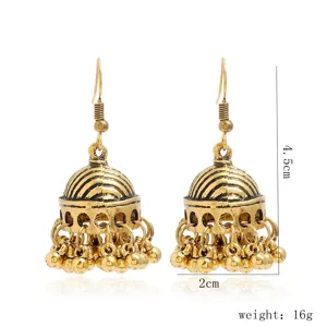 Boucles d'oreilles pendantes style indien Jhumka en alliage doré vintage pour femmes