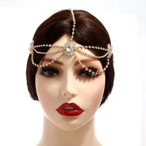 Detailed view of luxury gold rhinestone forehead chain, sparkling crystal hair accessory.