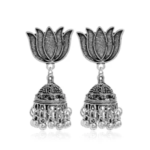 Boucles d'oreilles ethniques vintage lotus jhumka argentées pendentif bijoux bohème