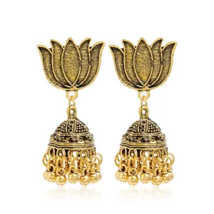 Boucles d'oreilles ethniques vintage lotus d'or cloche glands femmes bohème pendantes