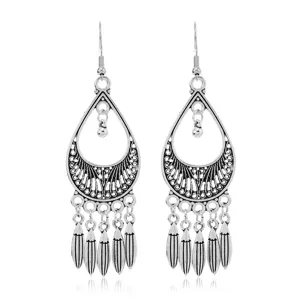 Detailed view of vintage bohemian silver alloy feather dream catcher long tassel earrings.