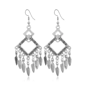 Vintage bohemian alloy long tassel earrings featuring geometric diamond and feather fringe design.