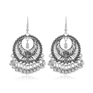 Vintage bohemian silver alloy dangled earrings with intricate filigree and delicate bead fringe.