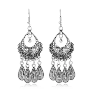 Silver bohemian teardrop dangle earrings with vintage filigree patterns for women stylish.