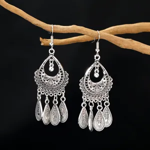 Vintage bohemian silver alloy drop earrings long tassel ethnic statement jewelry for women.