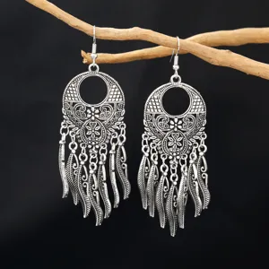 Bohemian vintage silver dreamcatcher feather long tassel earrings exquisite detail view