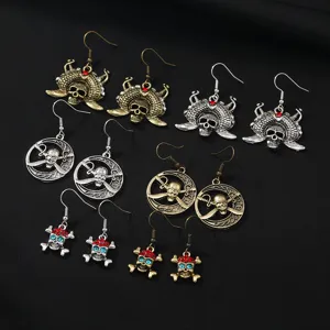 Vintage retro pirate skull drop earrings set, antique bronze and silver alloy rhinestone jewelry.