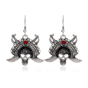 Vintage Retro Alloy Rhinestone Skull Pirate Drop Earrings Gothic Punk Halloween Party Jewelry For Women