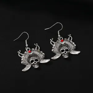 Vintage silver skull pirate earrings with red rhinestones, retro gothic Halloween alloy jewelry.
