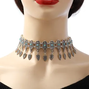 Retro silver metal choker necklace with turquoise and dangling charms for women