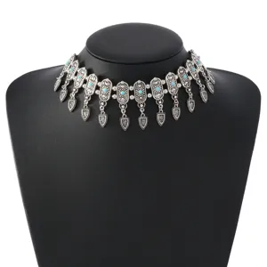 Vintage silver metal choker necklace with blue stones for women fashion style detail view