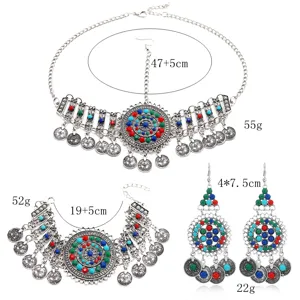 Ensemble de bijoux ethniques vintage en argent tibétain avec pendentif glands pour femmes