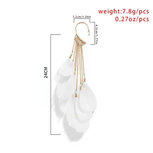 Detailed view of bohemian feather tassel ear cuff, long white feather gold earring, 24cm.