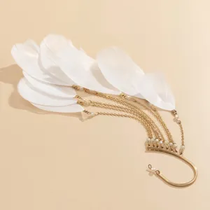 Exaggerated bohemian feather tassel long ear cuff detail, elegant gold chain jewelry for women.