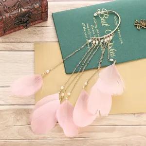 Bohemian feather ear cuff tassel long wrap earrings fairy style gold metal jewelry for women