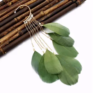 Bohemian long feather ear cuff with gold chains and delicate pearls for stylish women.