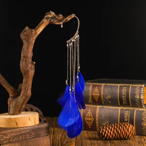 Bohemian blue feather tassel long ear cuff earrings, European and American chic fairy jewelry.