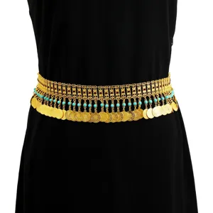 Bohemian Vintage Ethnic Rhinestone Coin Tassel Waist Chain Women Dress Accessories Gold Metal Body Jewelry