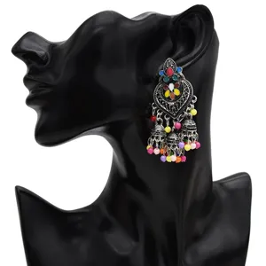 Vintage bohemian Indian style silver tone colorful drop oil bead tassel earrings for women