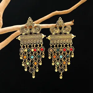 Vintage Bohemian Peacock Dangle Earrings Ethnic Colorful Rhinestone Tassel Drop Jewelry