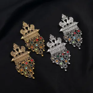 Ethnic bohemian vintage style peacock alloy tassel earrings with colorful rhinestones for women