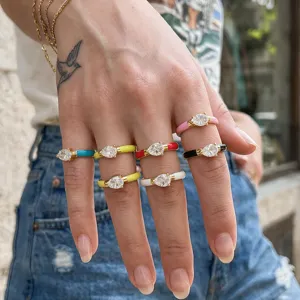 Colorful enamel teardrop crystal rings stack fashion gold plated adjustable jewelry for women
