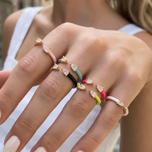 Colorful enamel open ring set with pear cubic zirconia, stylish adjustable gold jewelry for women.
