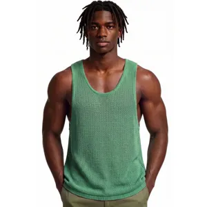 Men's green knitted hollow-out tank top detail, lightweight summer breathable athletic vest.