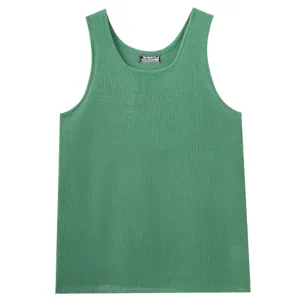 Close-up view of a green mesh knit sleeveless tank top, featuring breathable hollow fabric detail.